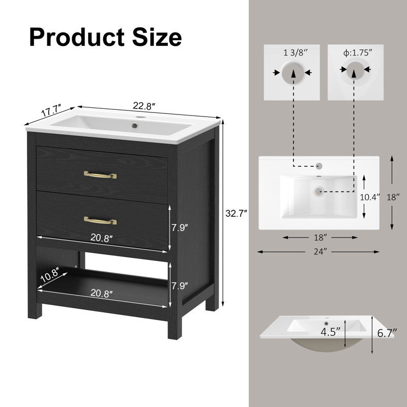 Meuble-lavabo 24 po avec lavabo simple, armoire de salle de bain moderne à DEL pour petits espaces, 2 tiroirs à fermeture en douceur et assemblage facile