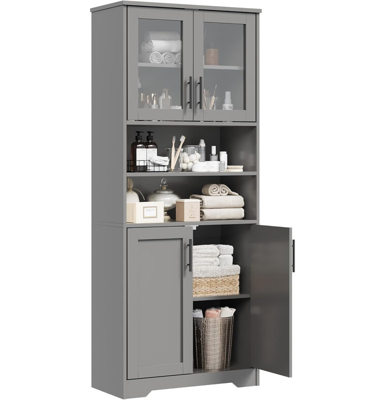 Bathroom Cabinet, Freestanding Bathroom Storage Cabinet with Glass Doors and Adjustable Shelves, 67" Cupboard Modern Storage Cabinet for Kitchen, Pantry, Living Room
