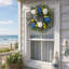 Couronne 19,7 po Farmhouse Summer Front avec hortensia bleu et blanc, fruits artificiels citron, nœud à carreaux Buffalo et feuillage vert, décoration de couronne suspendue toutes saisons pour entrée de cuisine murale