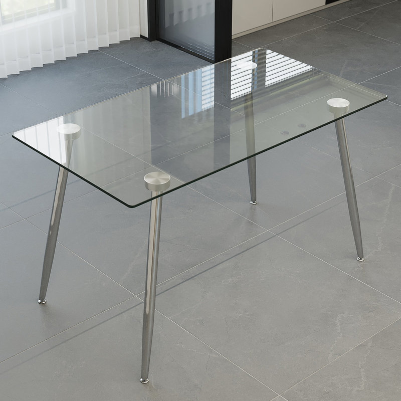 Table de salle à manger en verre, table rectangulaire moderne avec plateau en verre trempé et pieds en métal argenté, table de cuisine simpliste, table polyvalente