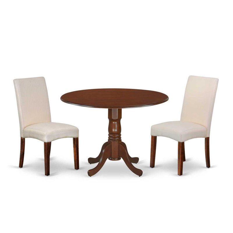 3 Piece Kitchen Table & Chairs Set Contains a Round Dining Room Table with Dropleaf and 2 Cream Linen Fabric Parson Dining Chairs, Mahogany
