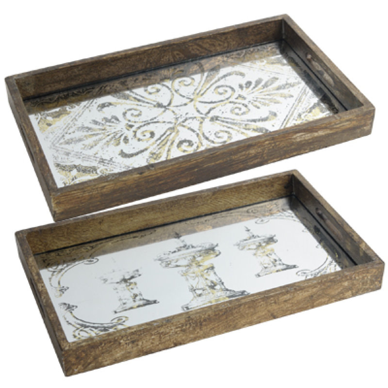 Gery Serving Tray Set Of 2, Patterned Glass Base And Rustic Brown Frame