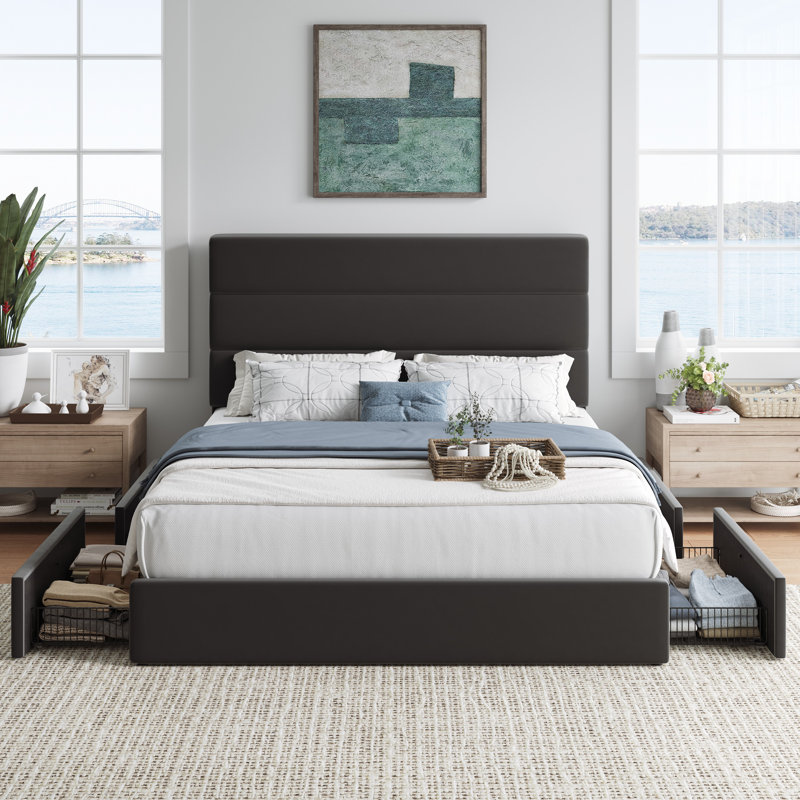  Storage Upholstered Platform Bed Frame, with 4 Drawers No Box Spring Needed, Black, Queen
