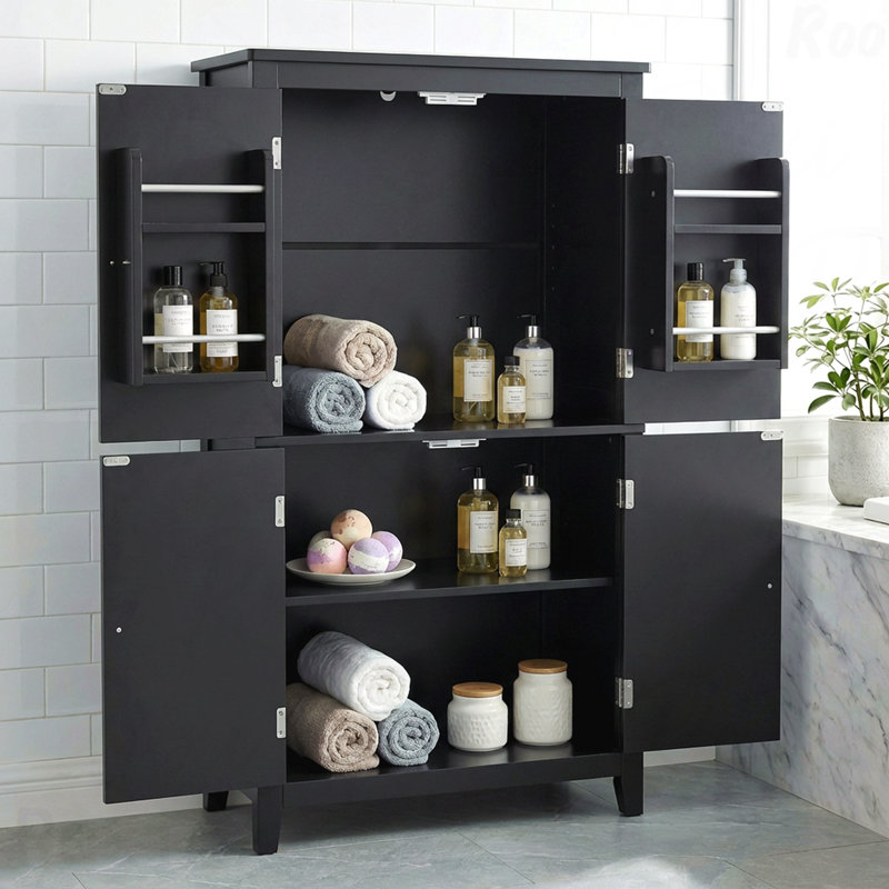Élégante armoire de rangement de plancher de salle de bain à 4 portes avec tablettes réglables - Noir, Noir