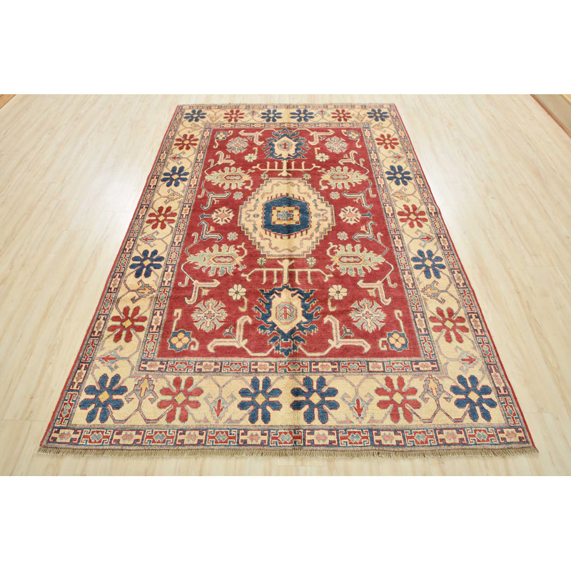 Tapis rouge en laine noué à la main de conception unique 6 pi 2 po x 8 pi 7 po Gabbriella