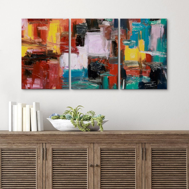 «Rainbow Paint Smudge Color Blocks», 3 pièces sur toile, H 24 po x l 48 po, Toile tendue