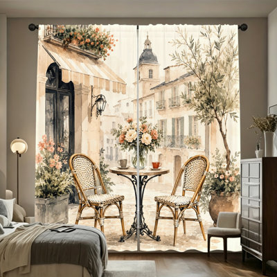 2 panneaux de rideaux filtrant la lumière de style café français européen avec motif de scène de salle à manger d'extérieur de campagne, décor de rafraîchissement printanier, conception de poche à tringle facile à suspendre, rideaux toutes saisons pour la maison, le salon, la chambre, la cuisine, la décoration