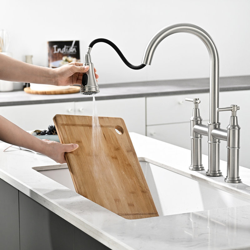 Brushed Nickel Pull Down Kitchen Faucet, 3 Hole 2 Handle, Modern Classic Style Sink Faucet Holes Handles, , Nickel,