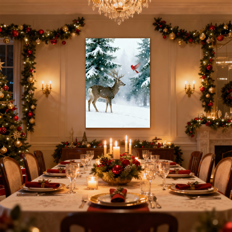 Cerf de Noël dans la forêt enneigée avec oiseau rouge, ensemble de 3 impressions sur toile, H 30 po x l 20 po