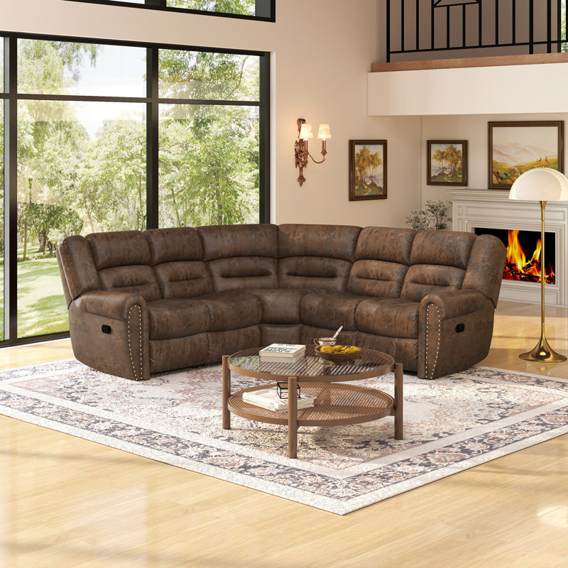 Manasas 3-Piece 97.8'' Wide Classic And Overstuffed Soft Faux Leather Manual Reclining Corner Sectional, Brown Faux Leather