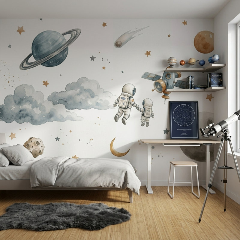 White Background Wallpaper Space Kids Removable Wall Decor, 120"x96", Non-Woven Nonpasted