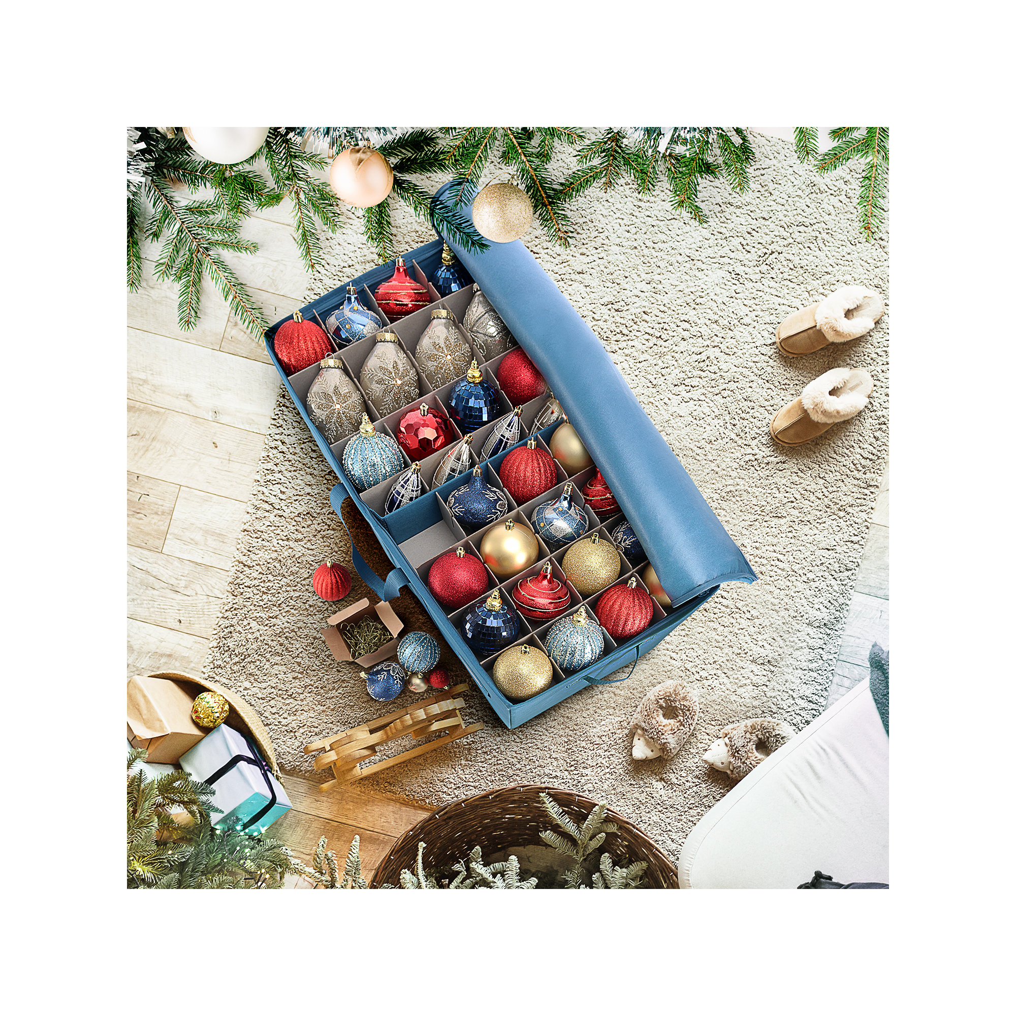 The Holiday Aisle Christmas Ornament Storage Box With Adjustable Dividers, 13" H x 26" W x 13" D