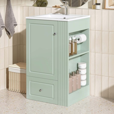 Compact Freestanding Bathroom Vanity With Ceramic Sink, Soft-Close Drawer, And Open Side Shelves For Small Spaces