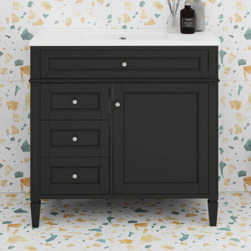 36 Inches White Bathroom Vanity With Top Sink, Modern 2-Drawer Storage Cabinet & Tip-Out Tray, Black, Silver