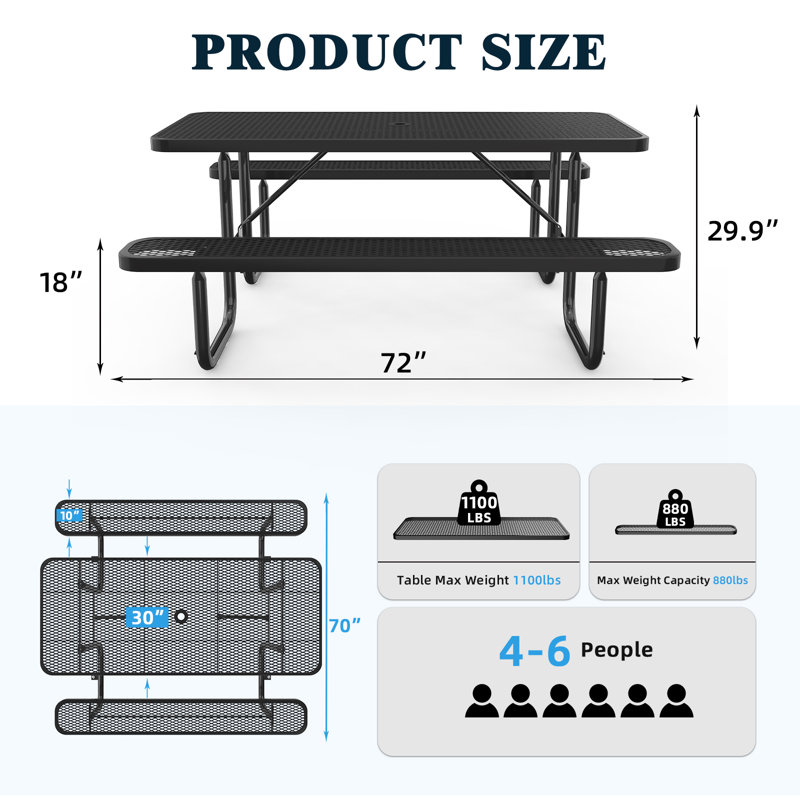 72" W Rectangular Metal Outdoor Picnic Table with Umbrella Hole, 30" H x 72" W x 30" D, Black