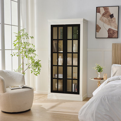 Freestanding Pantry Cabinet With Glass Door, Farmhouse Display Cabinets With Storage, Curio Cabinet With Lattice Window