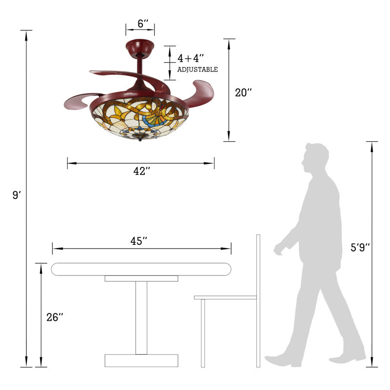42" Retractable Tiffany Stained Glass Ceiling Fan with LED Lights, 3-Speed Dimmable Fandelier with Remote Control