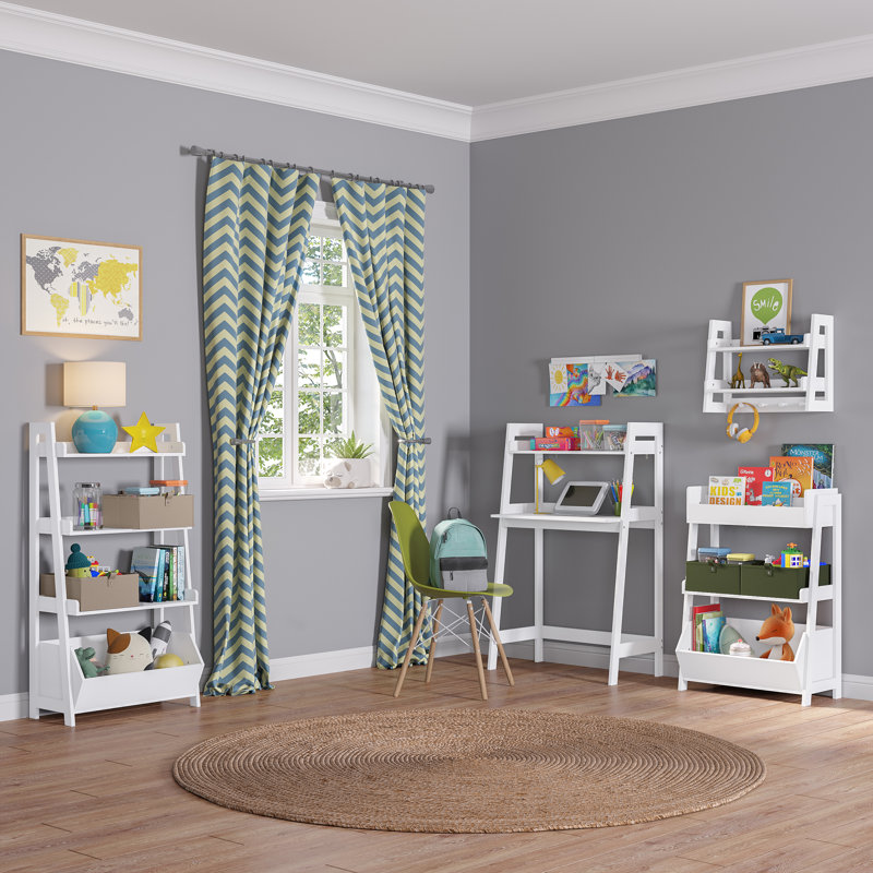 RiverRidge Kids 3-Tier Ladder Shelf Toy Organizer & Bookshelf with Bookrack, Open Shelves &  Storage Bin - White with 2 10" Floating Bookshelves