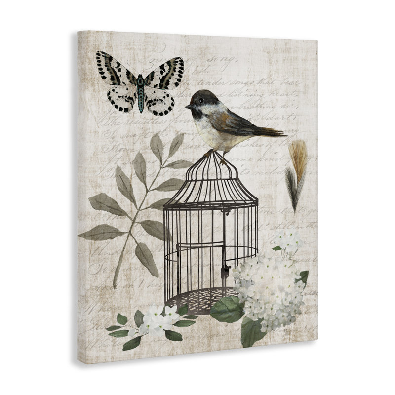 Toile rétro avec fleurs d'oiseaux de la ménagerie, design par Nan, H 20 po x l 16 po