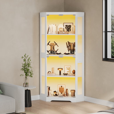Corner Display Cabinet with Glass Doors, 4-Tier Glass Display Case with 3 Color LED Lights