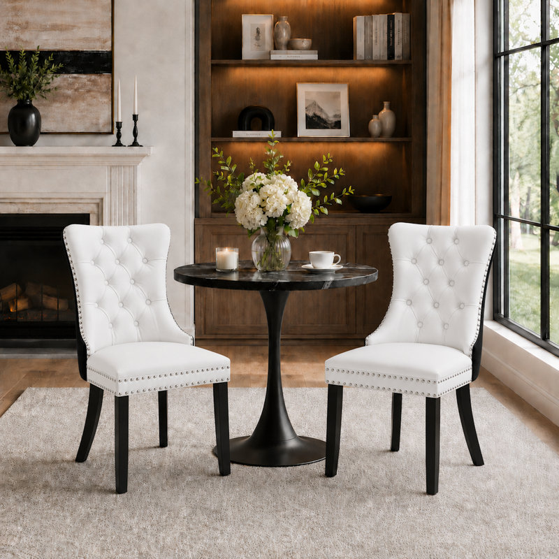 Modern Tufted Upholstered Parsons Dining Chair with Nailhead Trim, Black, Linen White/Black