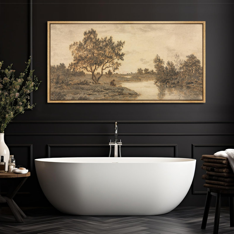 «Misty Riverbank Solitaire Tree», reproduction encadrée, H 30 po x l 60 po, Naturel