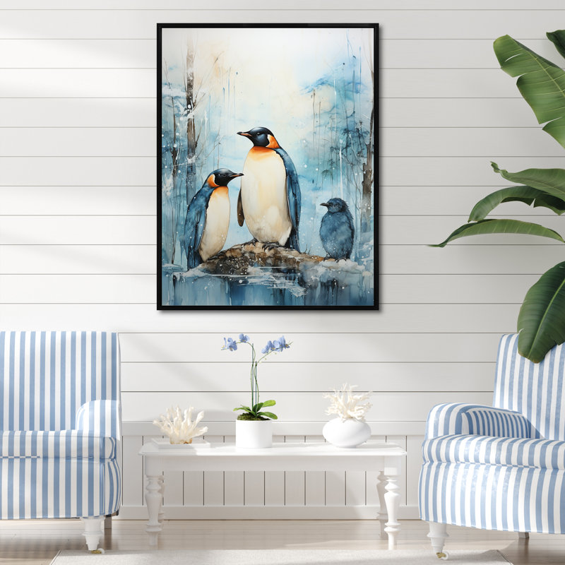 Pingouins antarctiques élégance III sur toile, Cadre flottant noir, H 40 po x l 30 po x P 1,5 po