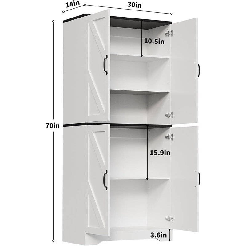 Armoire de cuisine 69 po avec 4 portes et tablettes réglables Farmhouse, autoportante pour la salle à manger et le salon