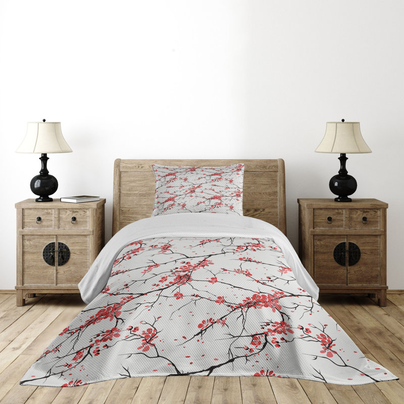 White Twin Quilted Bedspread Set with Floral Design