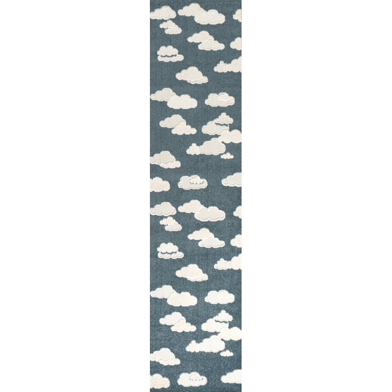 Hedwig High-Low Youth Cloud Scandi Indoor/Outdoor Rug, Runner 2' x 8', Dark Blue/Ivory
