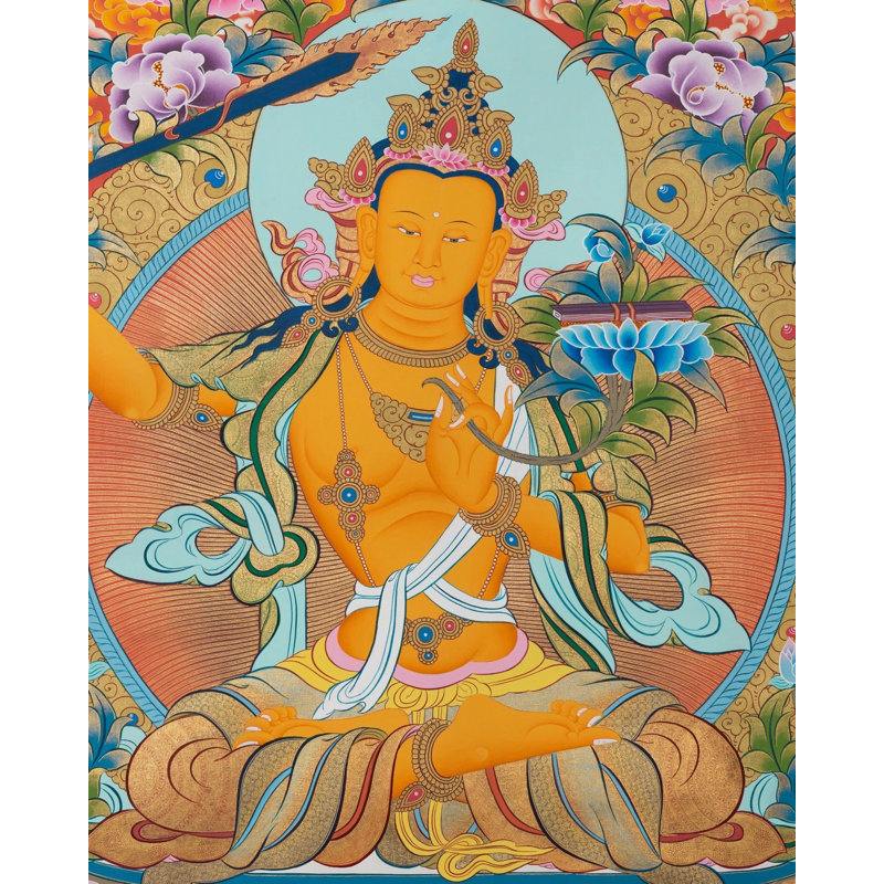Manjushree avec 5 Dhyani Buddhas Thangka (Brocadeless Thangka)