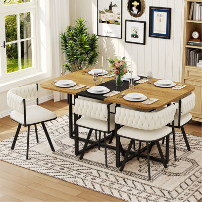 Ensemble de table de salle à manger 7 pièces pour 6, 1 table et 6 chaises rembourrées en velours beige, table en mélamine grain de bois noir et bois, ensemble de coin de cuisine capitonné moderne pour salle à manger, appartement et petit espace