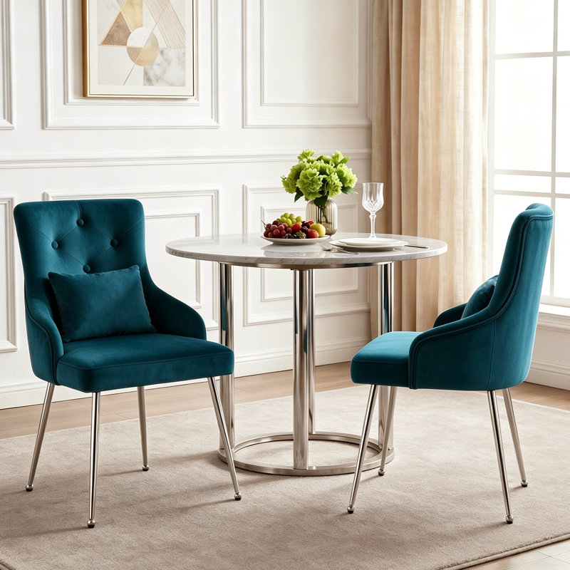 Dorsi Velvet Upholstered Button Tufted Modern Dining Chair, Teal, Silver