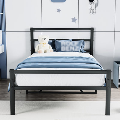 Headboard Attached Metal Platform Bed  Twin  - Robust, No Box Spring, Calm Nighttime Resting Frame With Headboard, Twin Size , Silent Rest