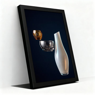 White Vase Clear Bowl and Amber Faceted Glass Cup on Dark Blue Canvas Wall Art