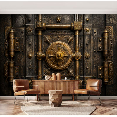 Wall Mural Peel and Stick Rustic Bank Vault Door golden Antique Farmhouse Heavy Safe Security Large Wallpaper Self-Adhesive Removable Contact Paper Wall Decor for Living Room Bedroom Nursery 69"H x 96"W