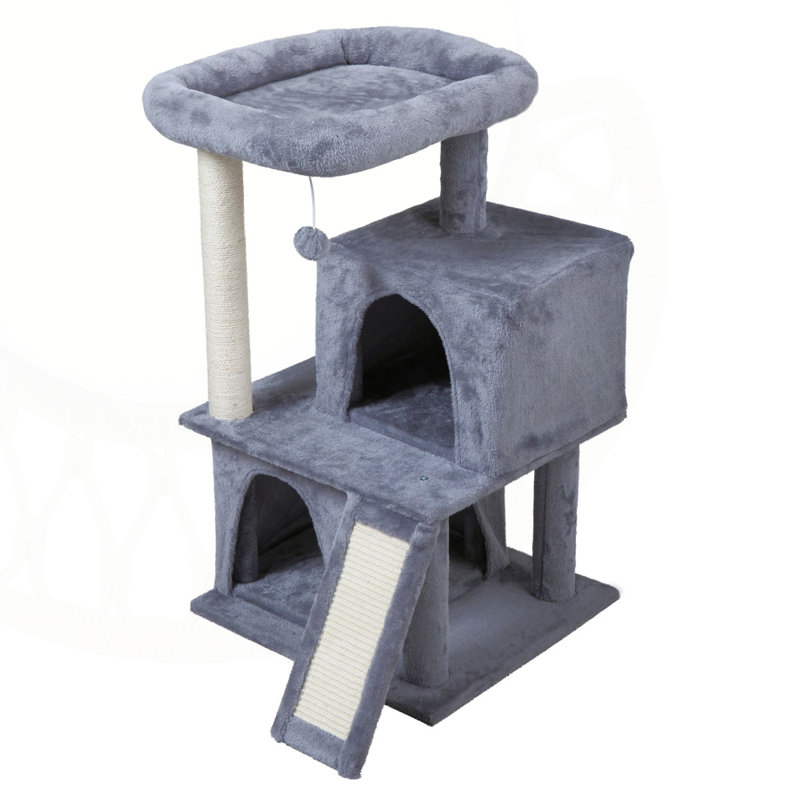 Arbre à chat à double couche avec maison de chat confortable, échelle et jouet en peluche ludique pour félins actifs.