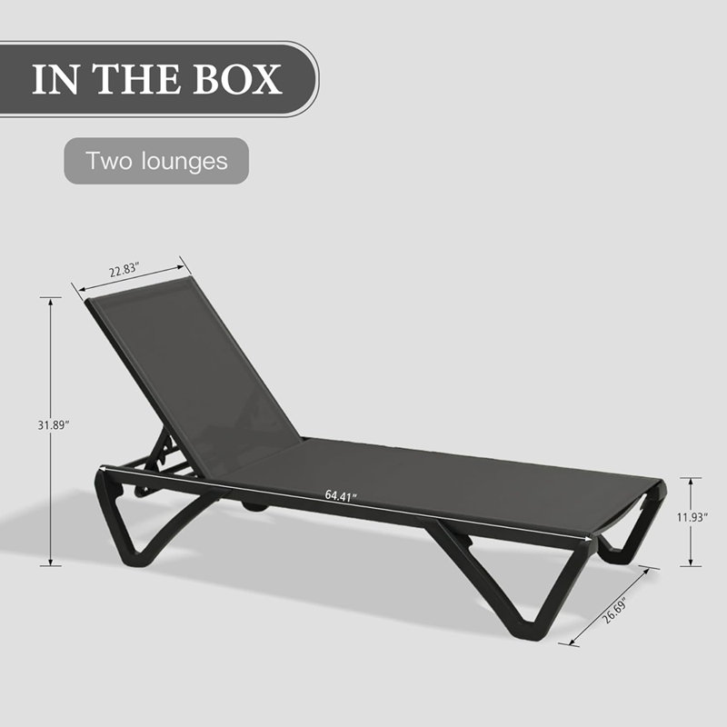 Pool Lounge Chairs Set of 2, Aluminum Adjustable Outdoor Chaise Lounge with Wheels, All Weather Poolside Chairs for Deck Lawn Patio Backyard, PVC-coated polyester