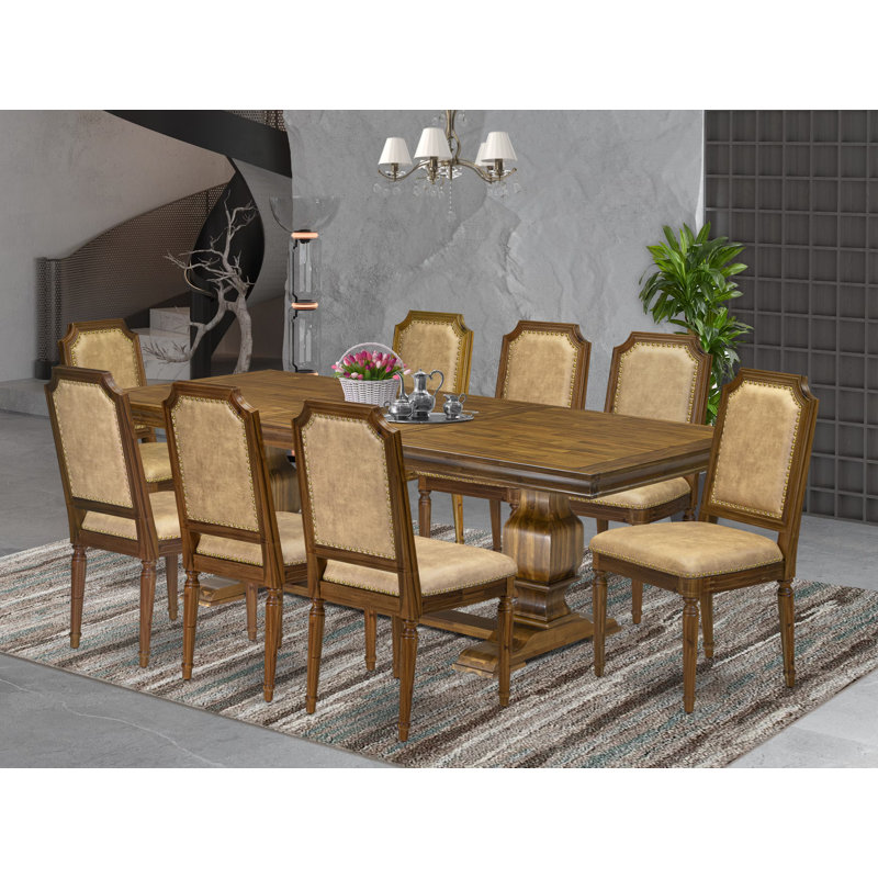 9-piece Dining Room Set consists of a Dining Table and 8 Beige PU Leather Kitchen Chairs with High Back-Antique Walnut Finish