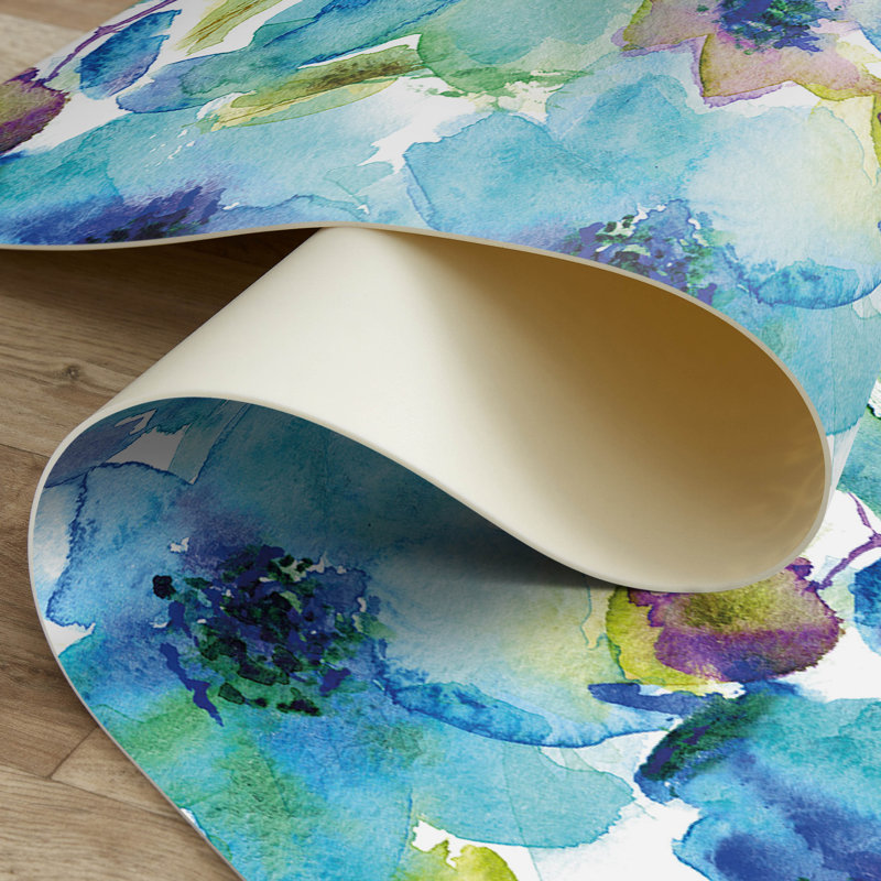 Pretty Blue Flowers Easy to Clean Vinyl Mat, Rectangle 5' x 7'