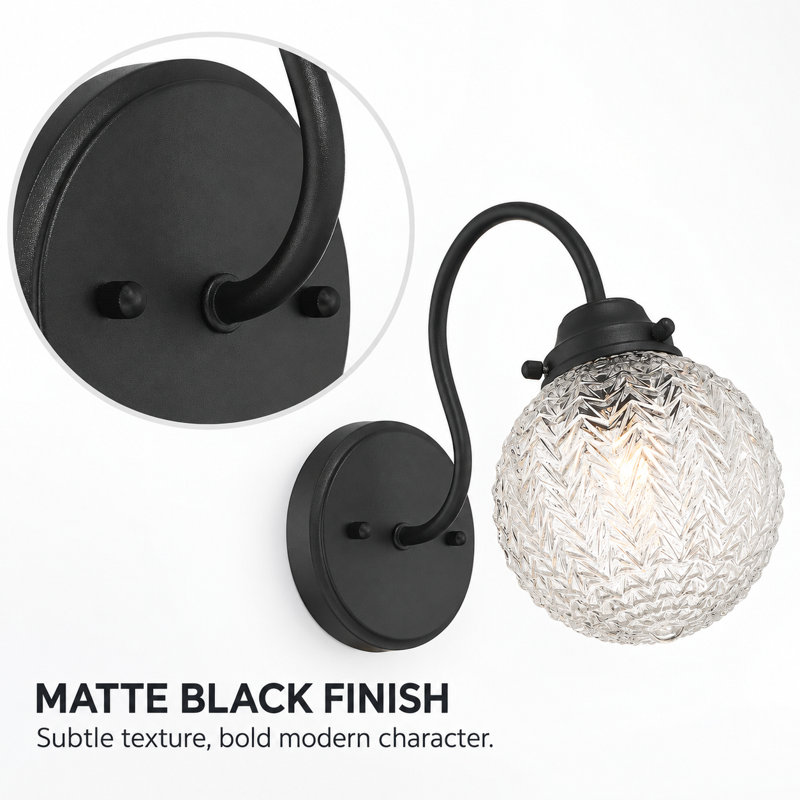 Clear and Glass Shade Modern Armed Sconce Wall Sconces, Matte Black