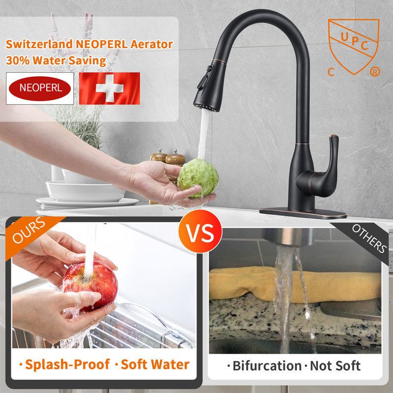 Uptap Finish Pull Down Kitchen Faucet, Oil Rubber Bronze