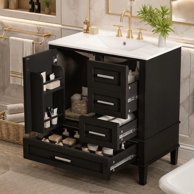 Meuble-lavabo noir de 76 cm (30 pouces) avec 1 porte et 3 tiroirs à fermeture amortie, structure en bois massif, Black