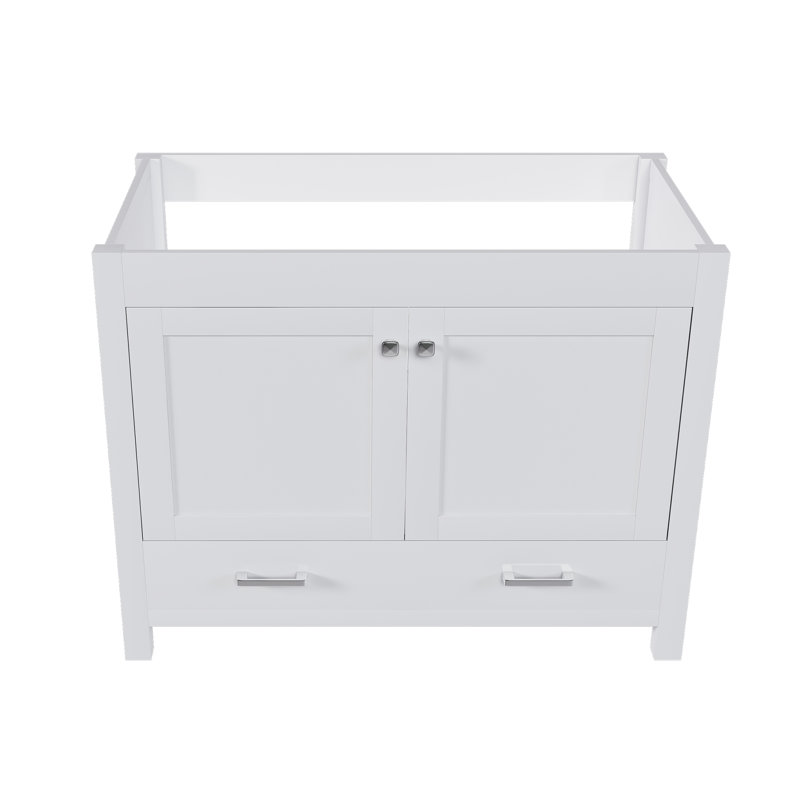 Meuble-lavabo de salle de bain de 107 cm (42 po) seulement, 107 x 55 x 85 cm (42,13 x 21,65 x 33,46 po), MDF avec cadre en bois massif, meuble de salle de bain multifonctionnel autoportant d'une seule pièce avec portes et tiroir, blanc, lavabo non inclus