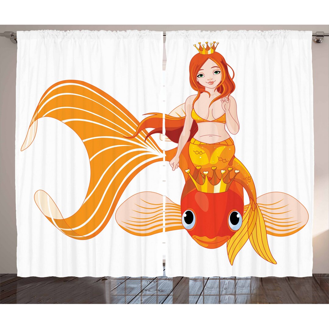 Rustikaler Vorhang, Prinzessin auf Goldfish, Meerjungfrau, Orange Marigold Weiß