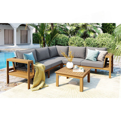 Ensemble de 4 canapés d'extérieur en bois d'acacia, accoudoirs en filet tissé, ensemble de canapé de patio en forme de L avec table basse, ensemble de conversation d'extérieur avec coussins beiges et table d'appoint