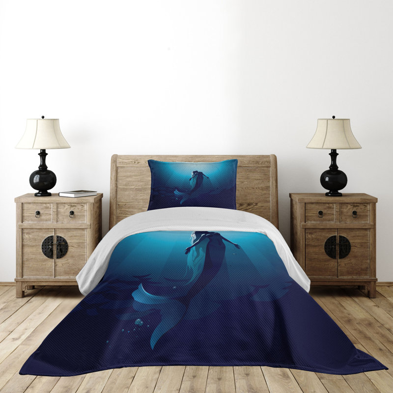 King Size Blue Mermaid Quilted Bedspread Set with Shams