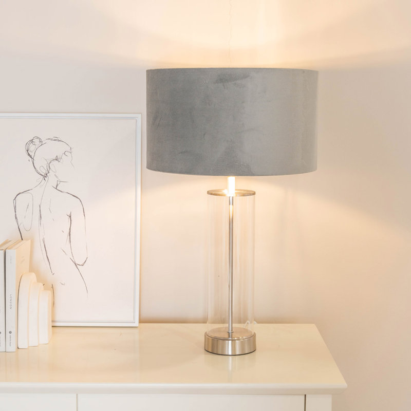 Ahedo Glass Table Lamp, Clear/Chrome Base/Grey/Chrome Shade, Yes