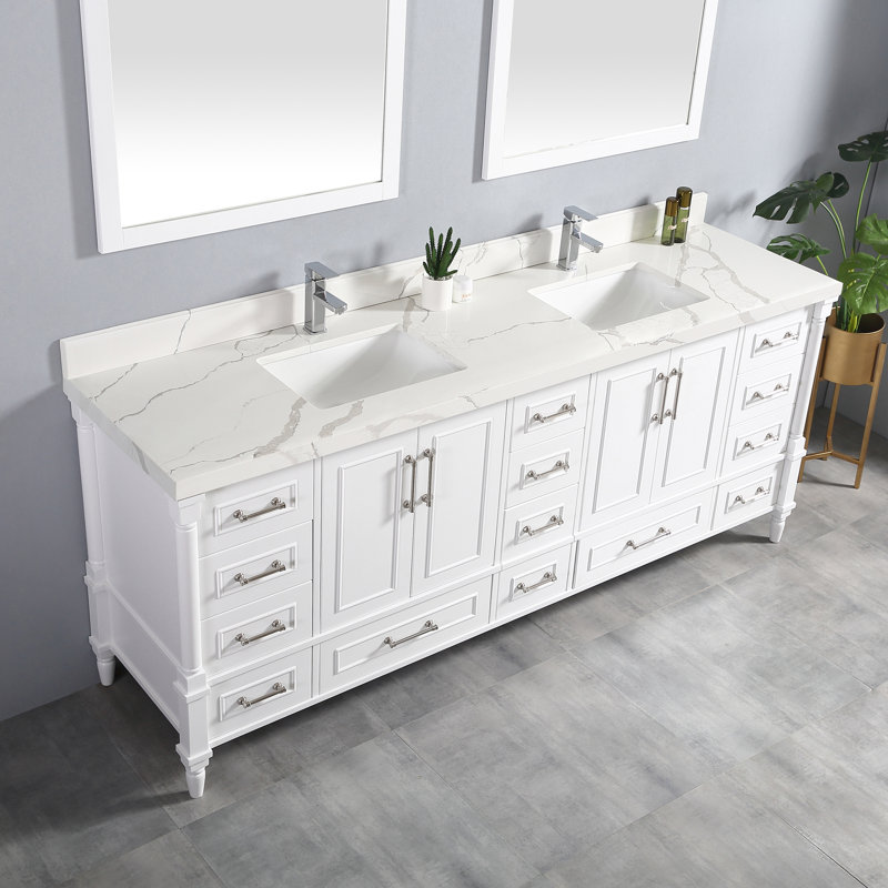 Ensemble de meuble-lavabo double 84 po Muirhead, Calacatta, Nickel brossé, Blanc