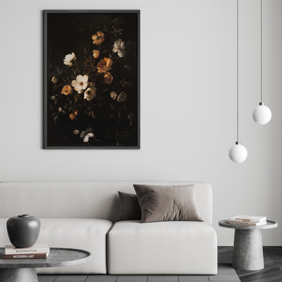 Reproduction d'art encadrée florale foncée sur toile, motif floral rétro pour chambre à coucher romantique ou entrée élégante